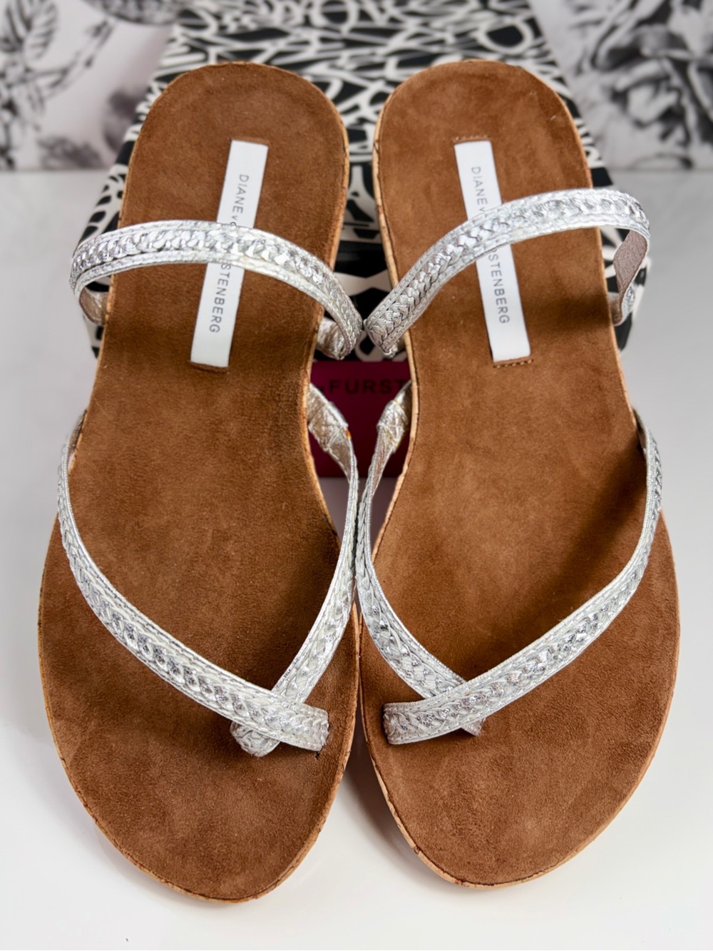 Diane Von Furstenberg “Adelia” Silver Braided Flat Leather & Cork Sandals, Sz 6